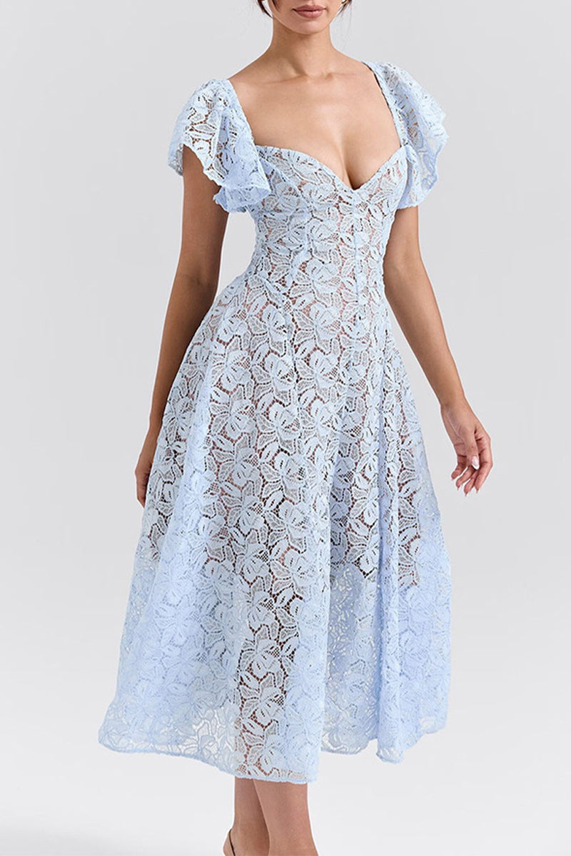 Hollow Out Ruffle V Neck A Line Short Sleeve Dress