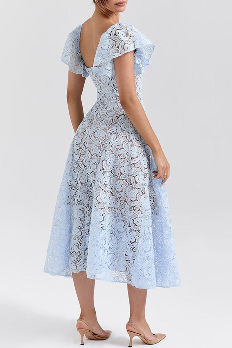 Hollow Out Ruffle V Neck A Line Short Sleeve Dress