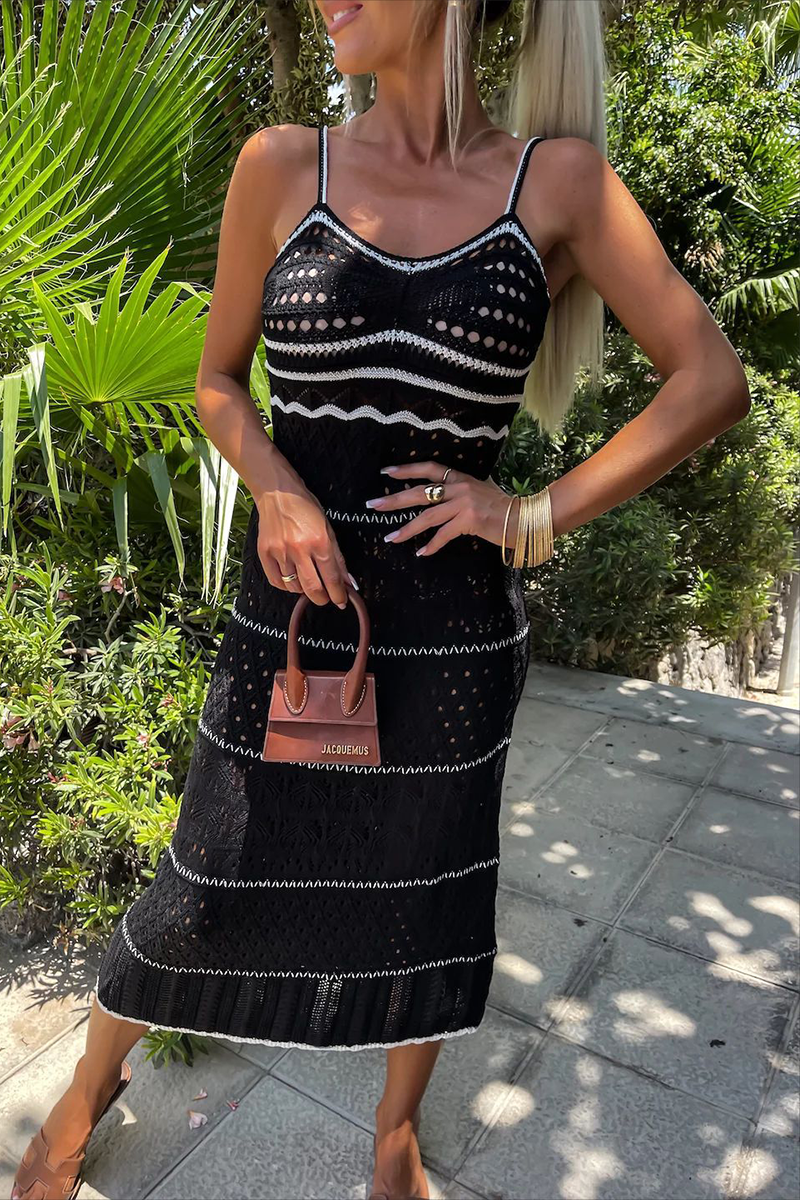 Weave Contrast V Neck Sling Dresses