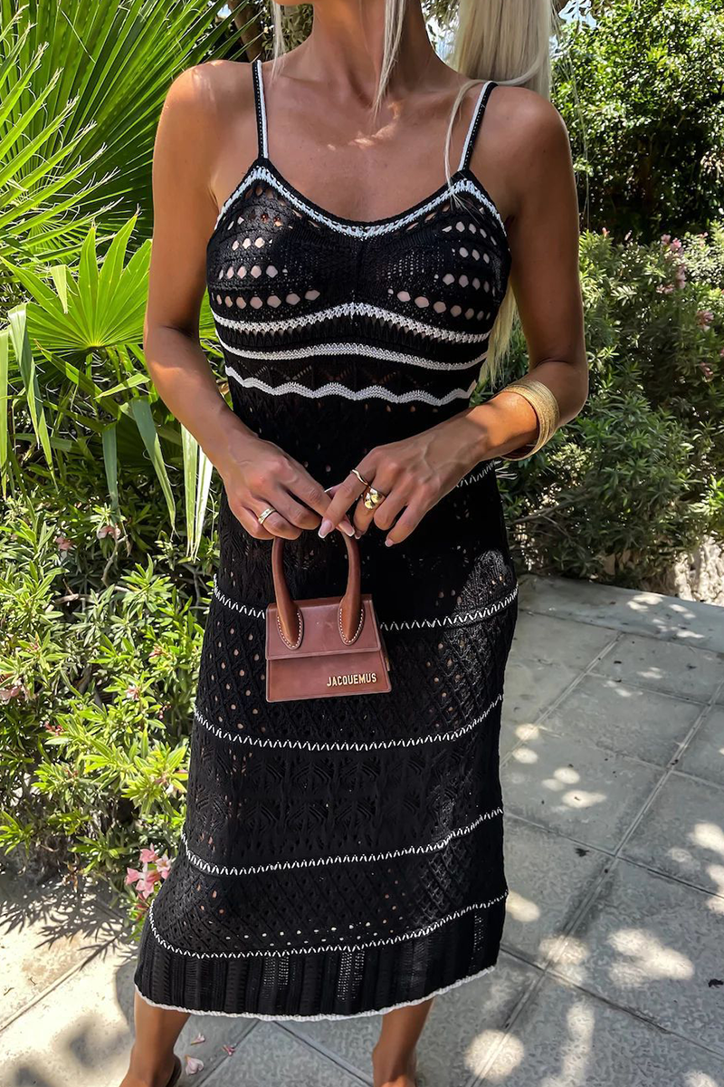 Weave Contrast V Neck Sling Dresses