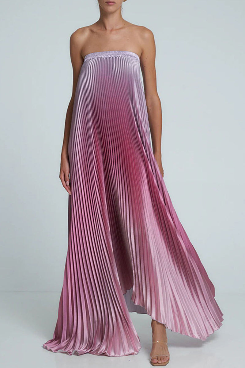 Gradient Color Pleated Contrast Strapless Strapless Dresses