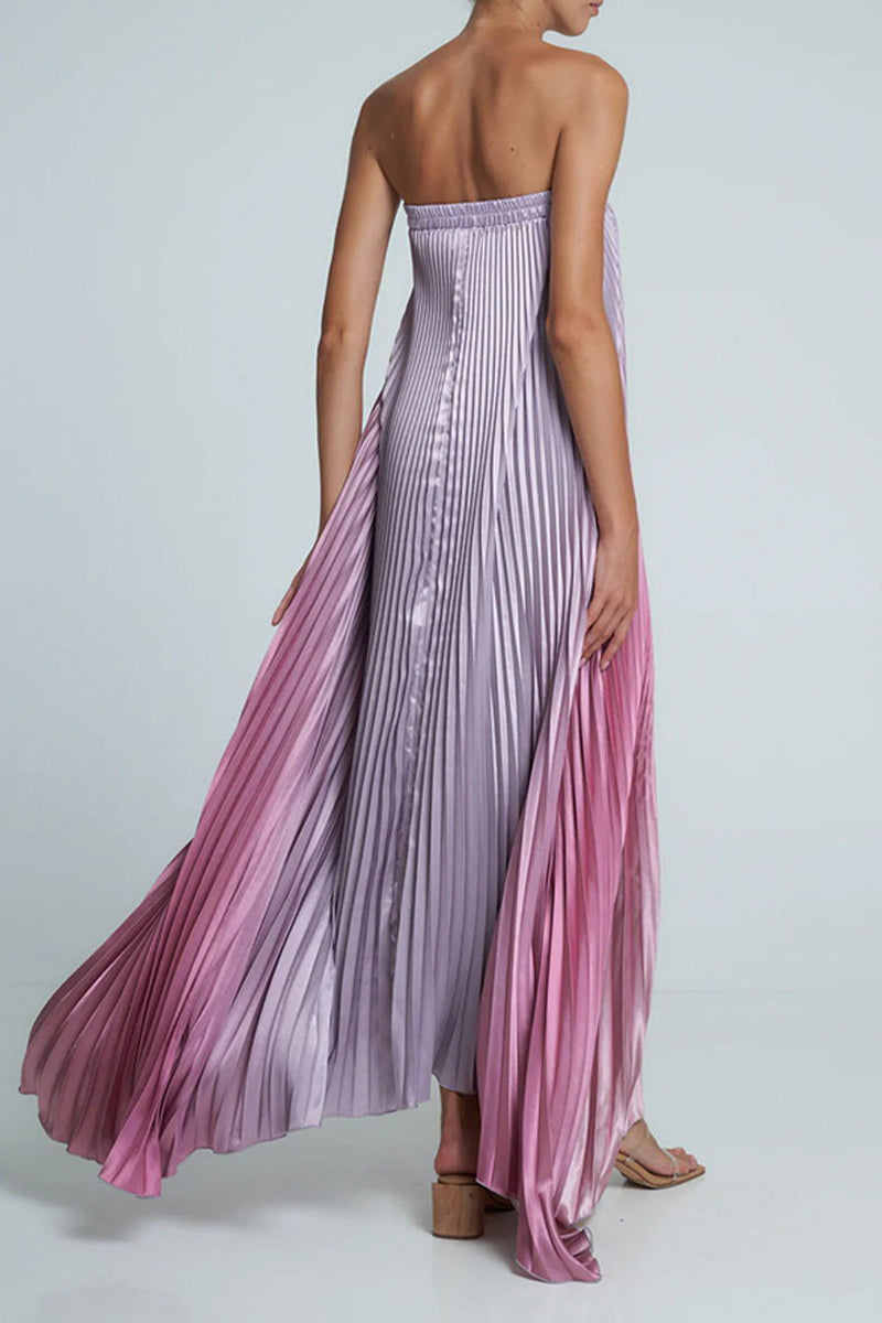 Gradient Color Pleated Contrast Strapless Strapless Dresses