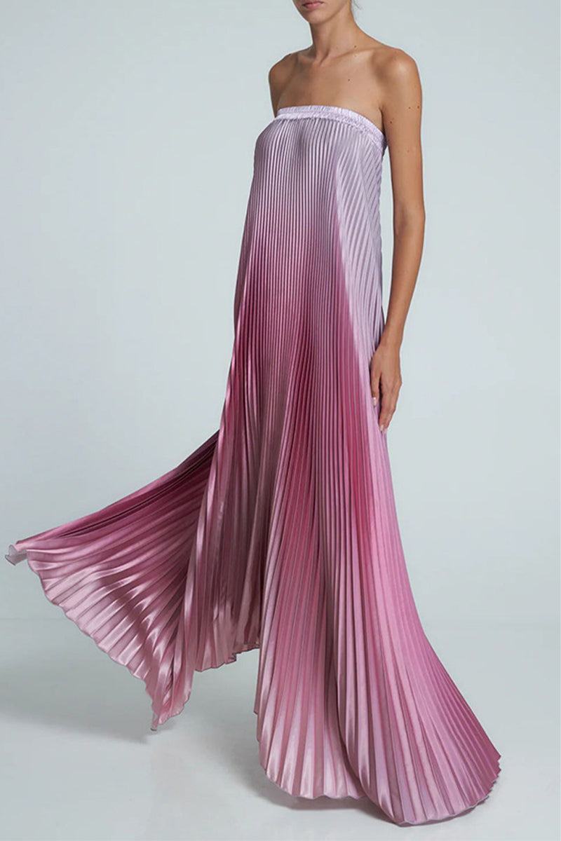 Gradient Color Pleated Contrast Strapless Strapless Dresses