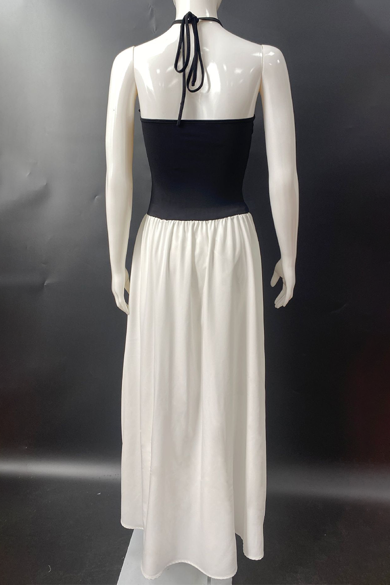 Pocket Lace Up Contrast Halter Sleeveless Dresses