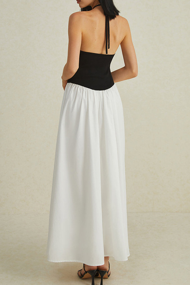 Pocket Lace Up Contrast Halter Sleeveless Dresses