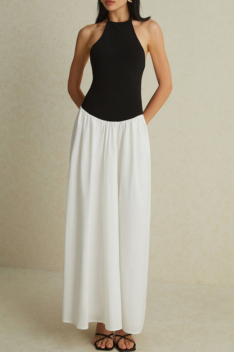 Pocket Lace Up Contrast Halter Sleeveless Dresses