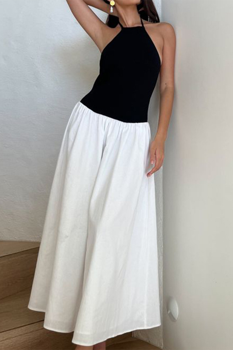 Pocket Lace Up Contrast Halter Sleeveless Dresses