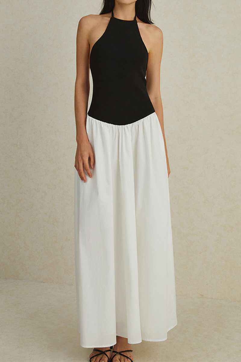 Pocket Lace Up Contrast Halter Sleeveless Dresses