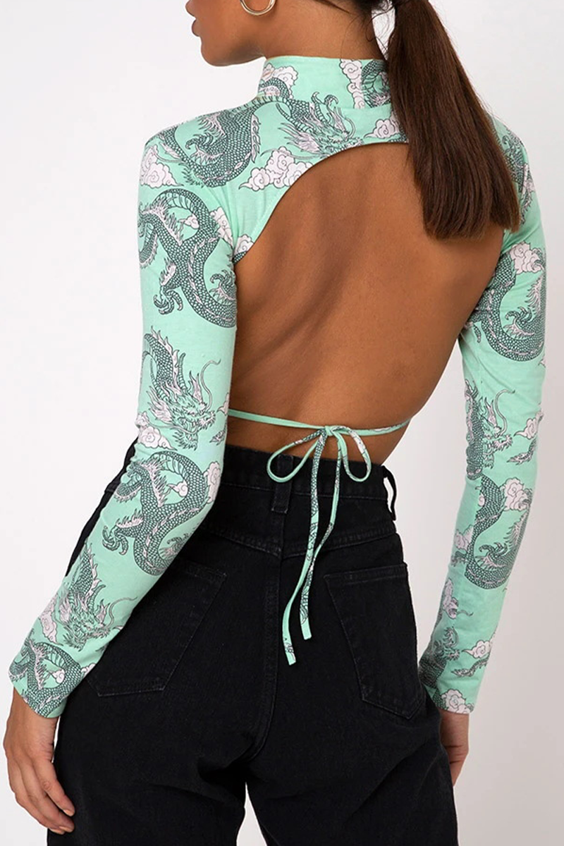 Street National Totem Geometric Print Lace Up Backless Half A Turtl(10 Colors)eneck Tops