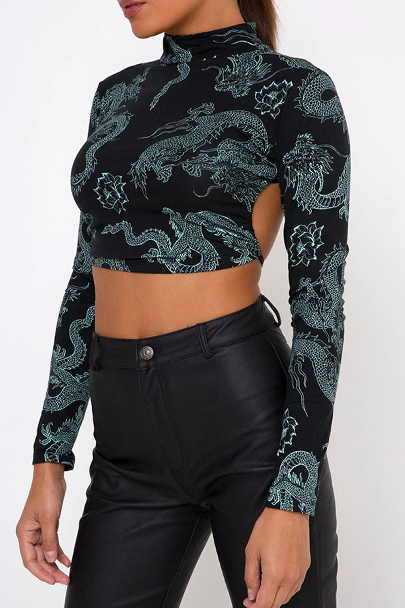 Street National Totem Geometric Print Lace Up Backless Half A Turtl(10 Colors)eneck Tops