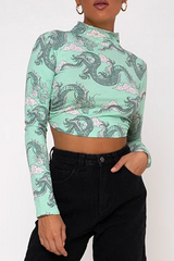 Street National Totem Geometric Print Lace Up Backless Half A Turtl(10 Colors)eneck Tops