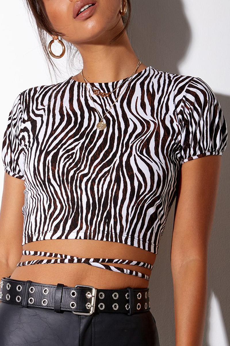 Geometric Print Animal Print Lace Up Backless Contrast Half A Turtleneck T-Shirts(7 Colors)