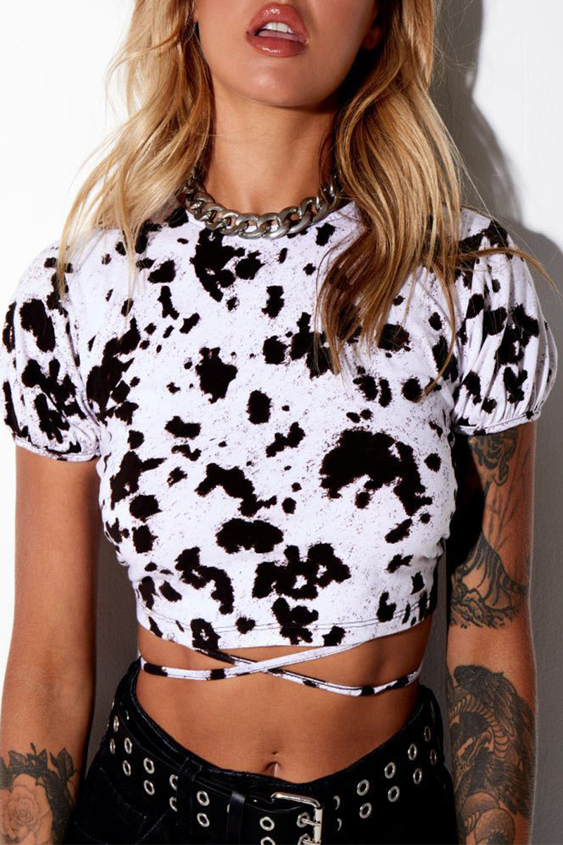 Geometric Print Animal Print Lace Up Backless Contrast Half A Turtleneck T-Shirts(7 Colors)