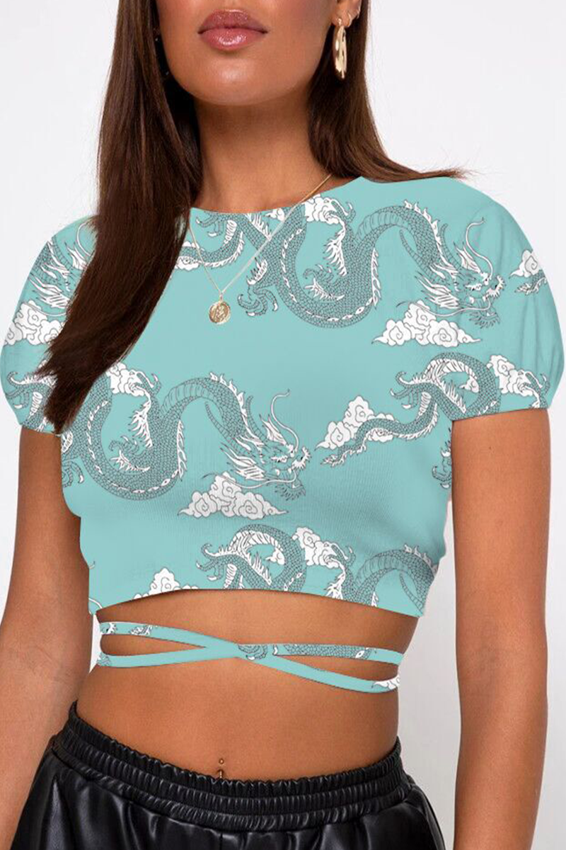 Geometric Print Animal Print Lace Up Backless Contrast Half A Turtleneck T-Shirts(7 Colors)