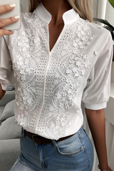 Solid Color Lace Mandarin Collar Blouses