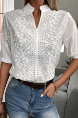 Solid Color Lace Mandarin Collar Blouses
