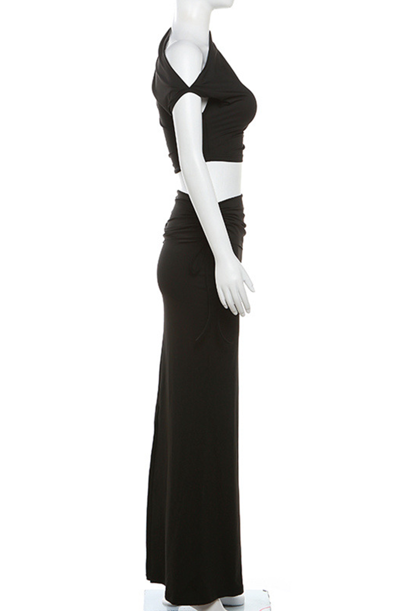 Street Draw String Irregular Oblique Collar Short Sleeve Two Pieces(3 Colors)