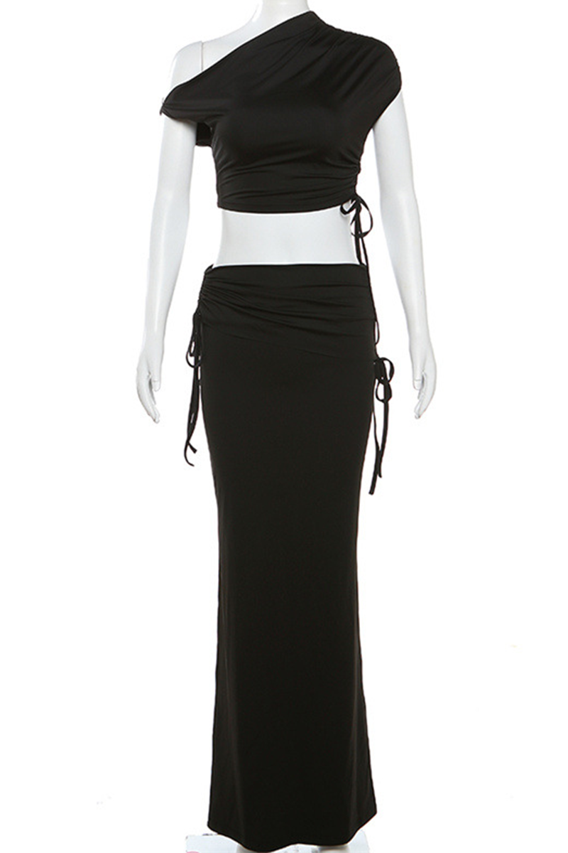 Street Draw String Irregular Oblique Collar Short Sleeve Two Pieces(3 Colors)