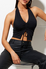 Street Solid Color Draw String Halter Tops