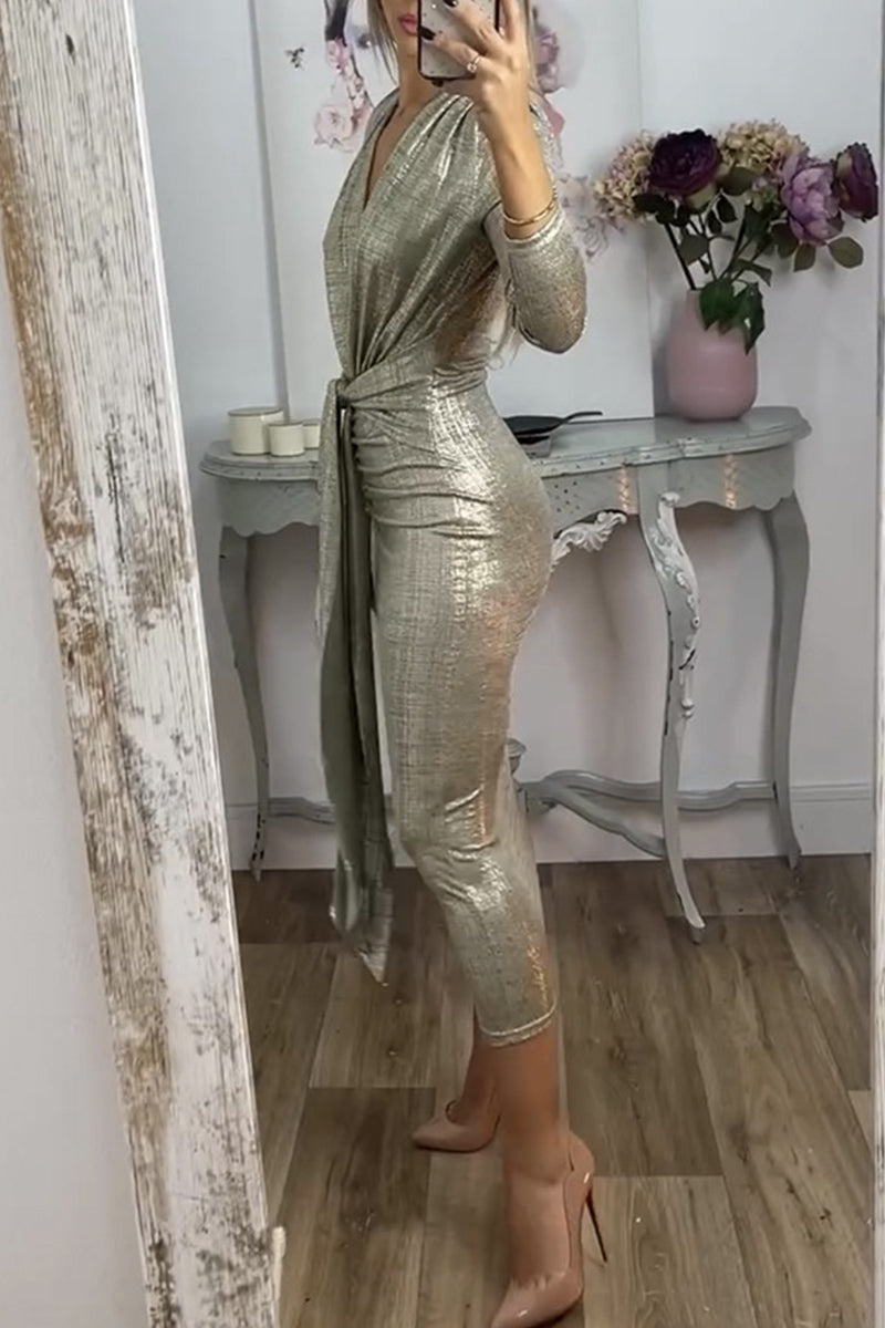 Bronzing Pattern Ruched V Neck Wrapped Skirt Dresses(3 Colors)