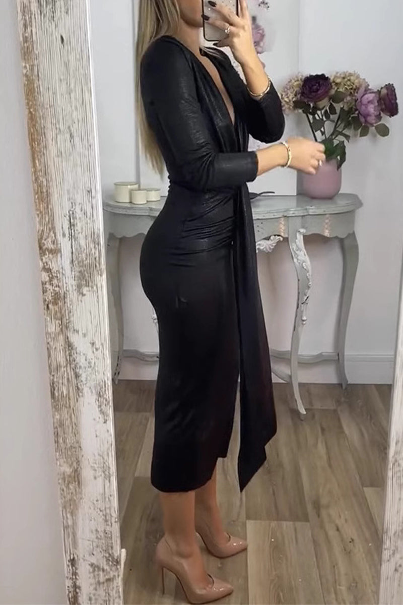 Bronzing Pattern Ruched V Neck Wrapped Skirt Dresses(3 Colors)
