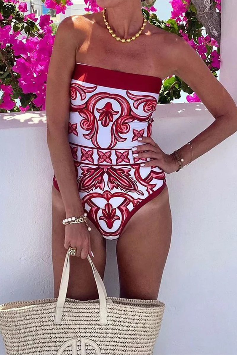 Vacation Floral Print Lace Up Strapless Sleeveless Two Pieces
