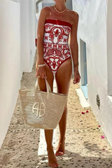 Vacation Floral Print Lace Up Strapless Sleeveless Two Pieces