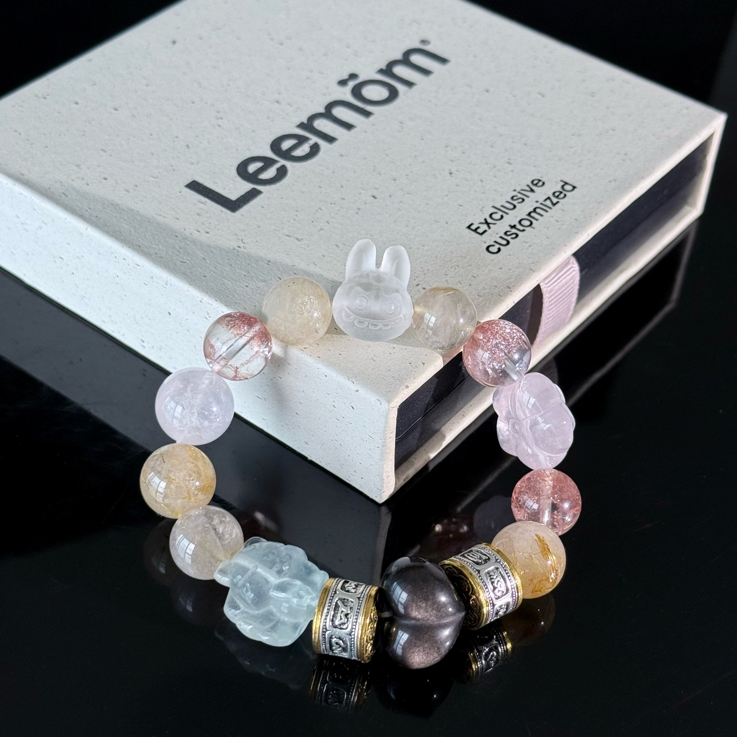 Handcrafted Crystal Pendant Bracelet — Featuring Carved Jade Rabbit and Floral Accents