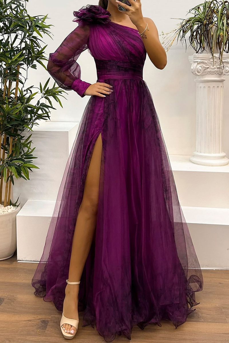 Prom Floral Print Slit Mesh Flower Shape Sloping Shoulder Evening Dresses(6 Colors)