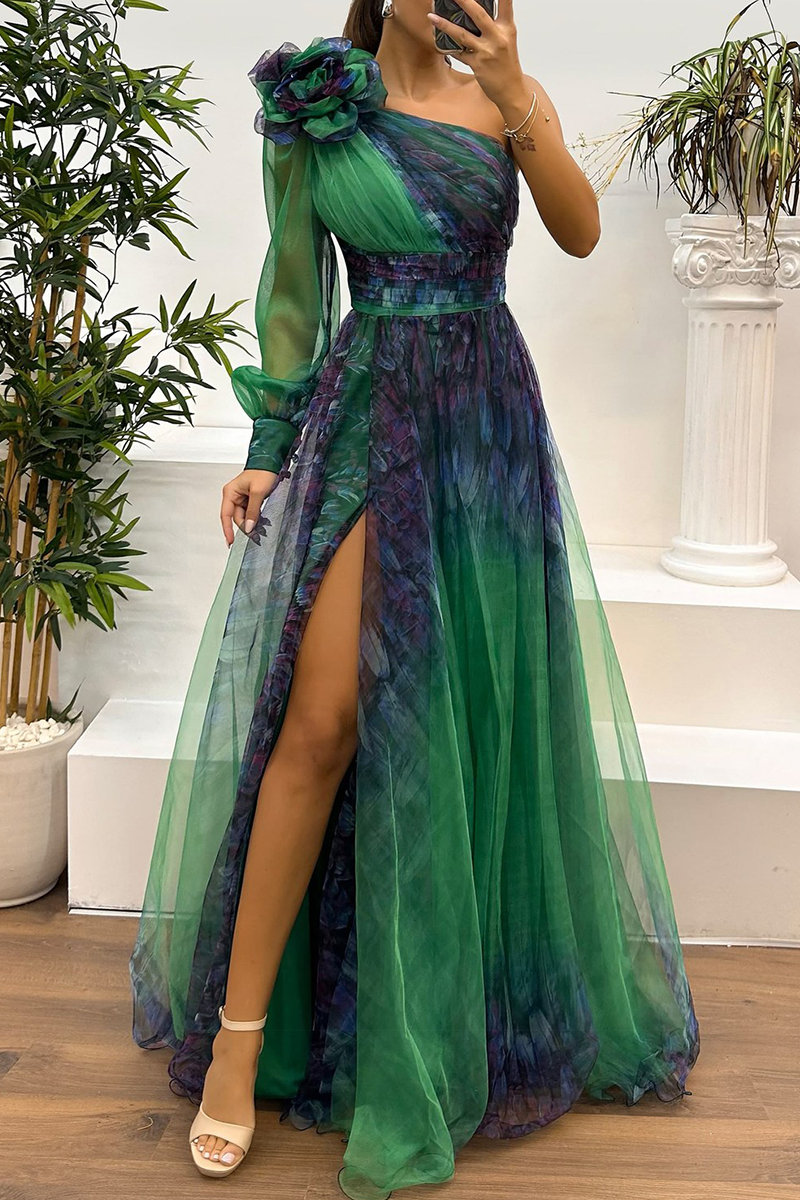 Prom Floral Print Slit Mesh Flower Shape Sloping Shoulder Evening Dresses(6 Colors)
