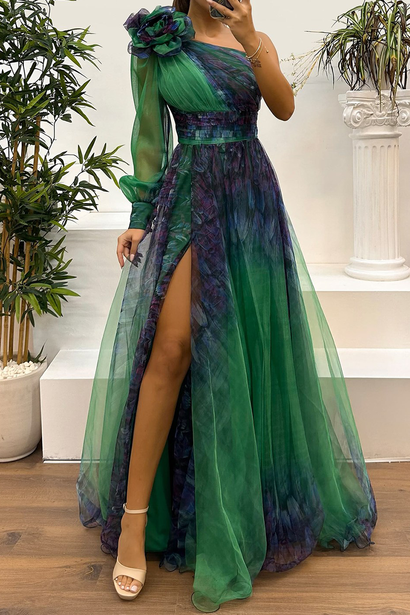 Prom Floral Print Slit Mesh Flower Shape Sloping Shoulder Evening Dresses(6 Colors)