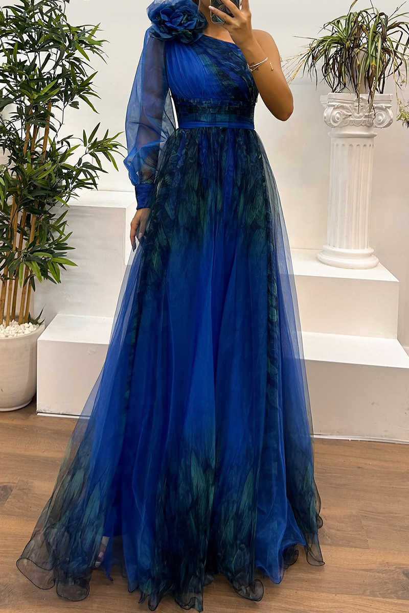 Prom Floral Print Slit Mesh Flower Shape Sloping Shoulder Evening Dresses(6 Colors)