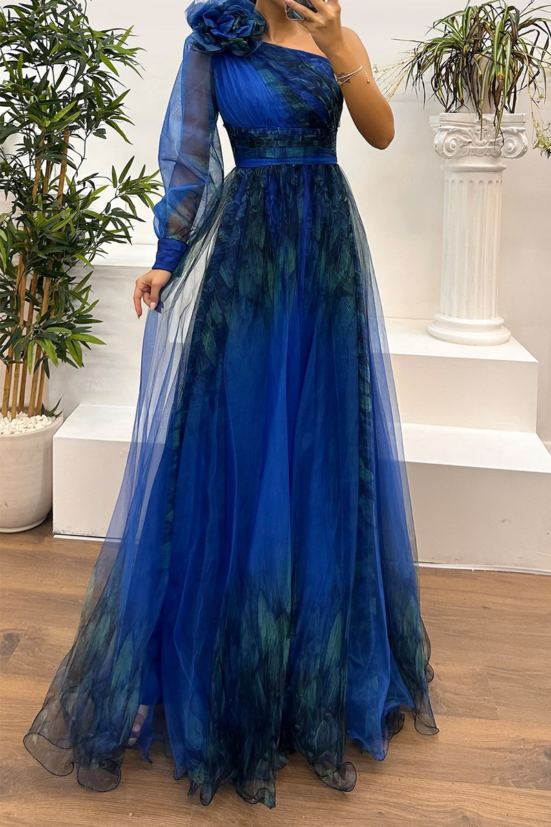 Prom Floral Print Slit Mesh Flower Shape Sloping Shoulder Evening Dresses(6 Colors)