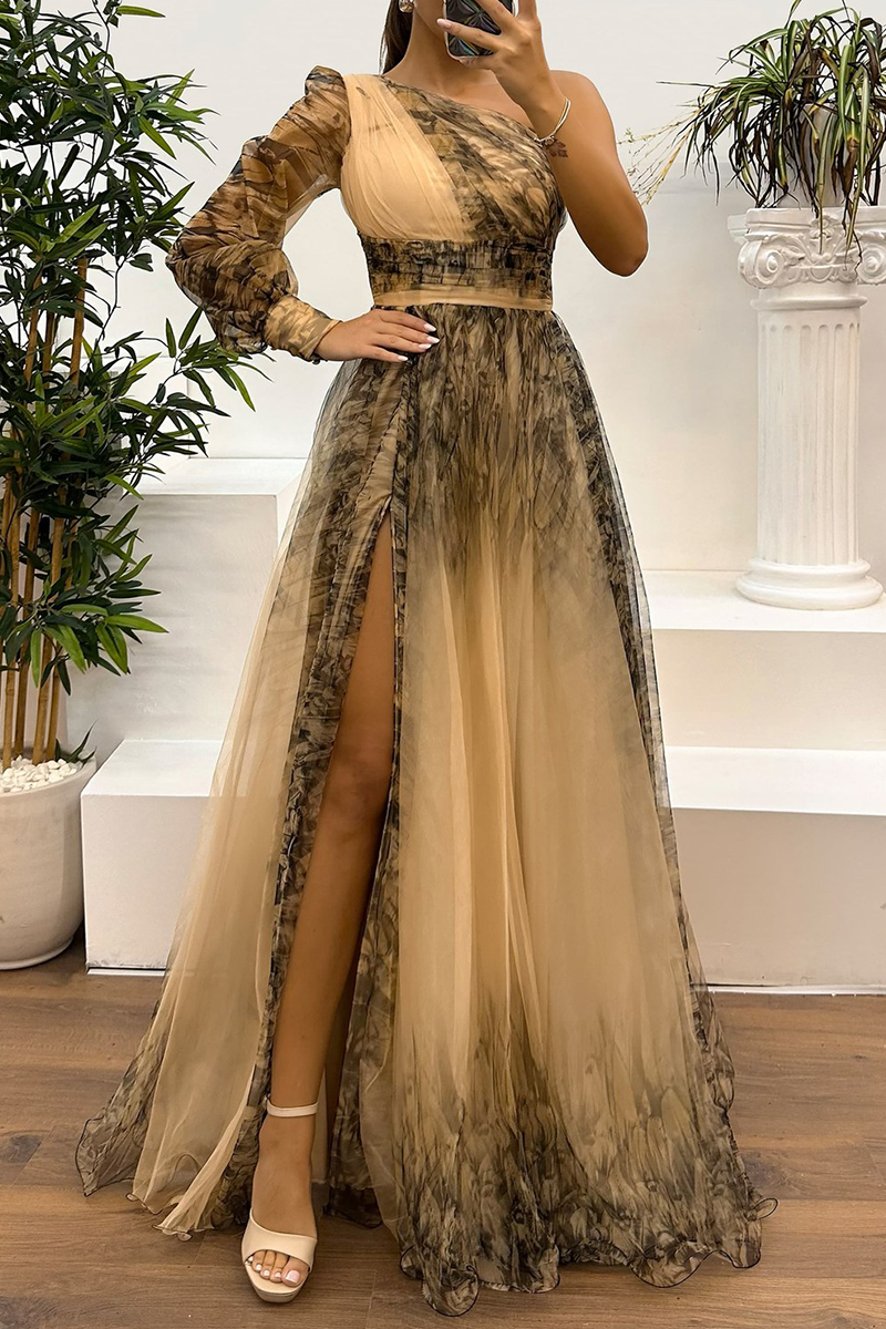 Prom Floral Print Slit Mesh Flower Shape Sloping Shoulder Evening Dresses(6 Colors)
