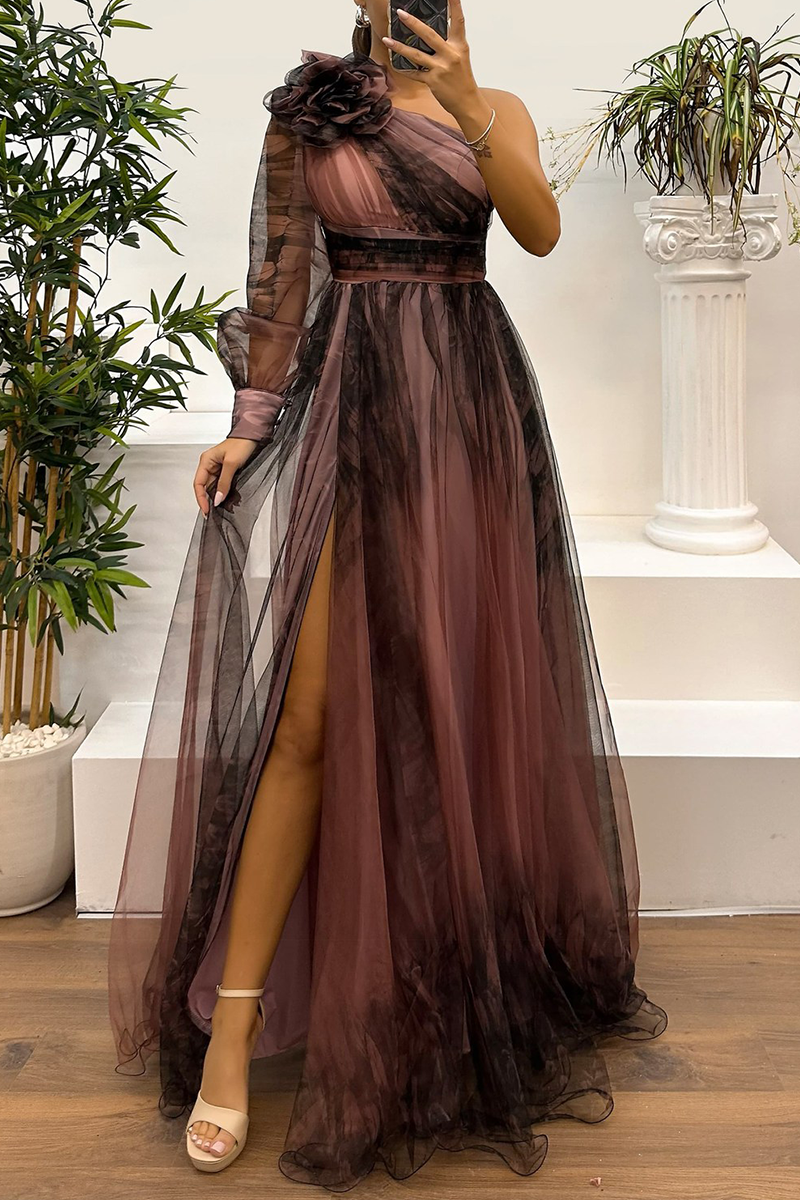 Prom Floral Print Slit Mesh Flower Shape Sloping Shoulder Evening Dresses(6 Colors)