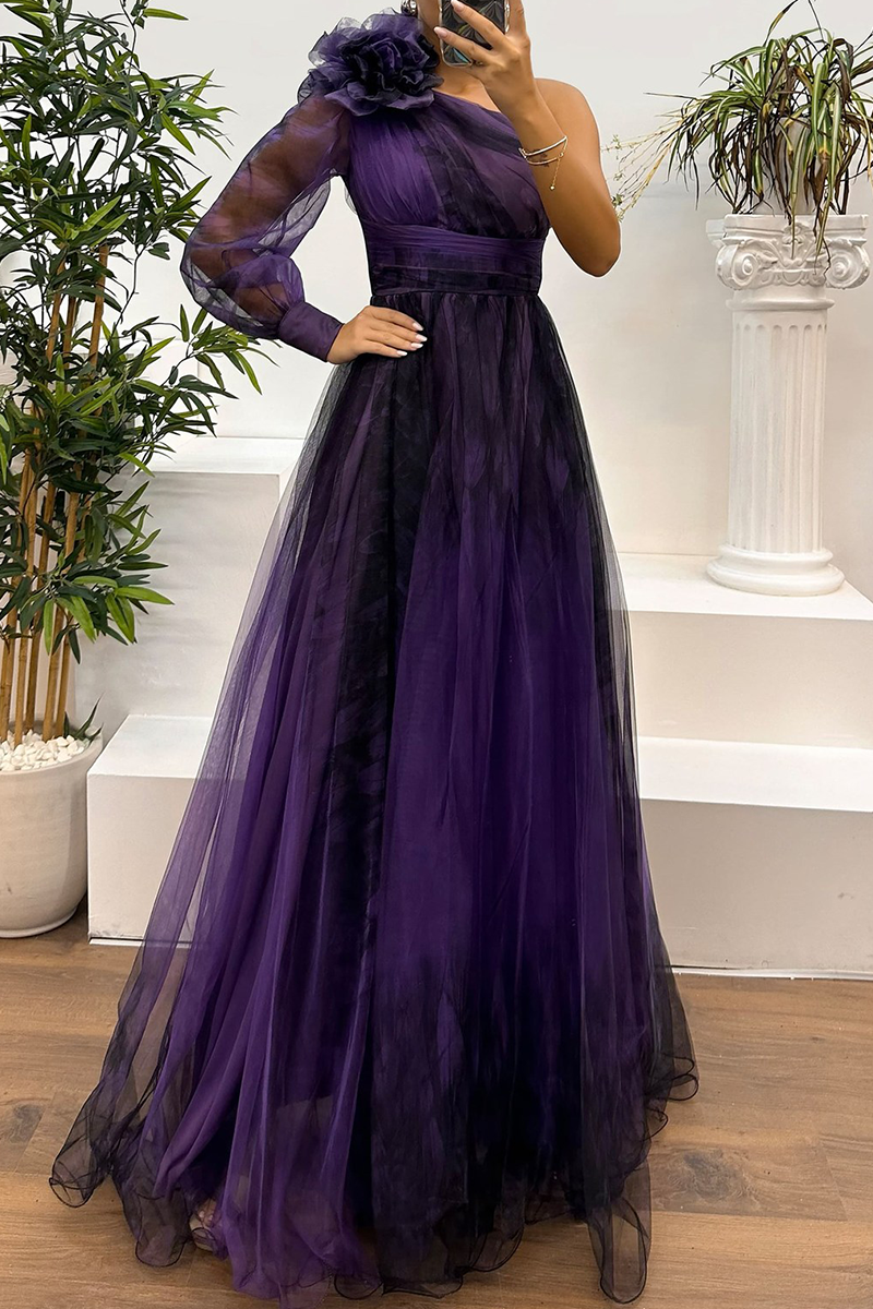 Prom Floral Print Slit Mesh Flower Shape Sloping Shoulder Evening Dresses(6 Colors)