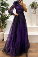 Prom Floral Print Slit Mesh Flower Shape Sloping Shoulder Evening Dresses(6 Colors)