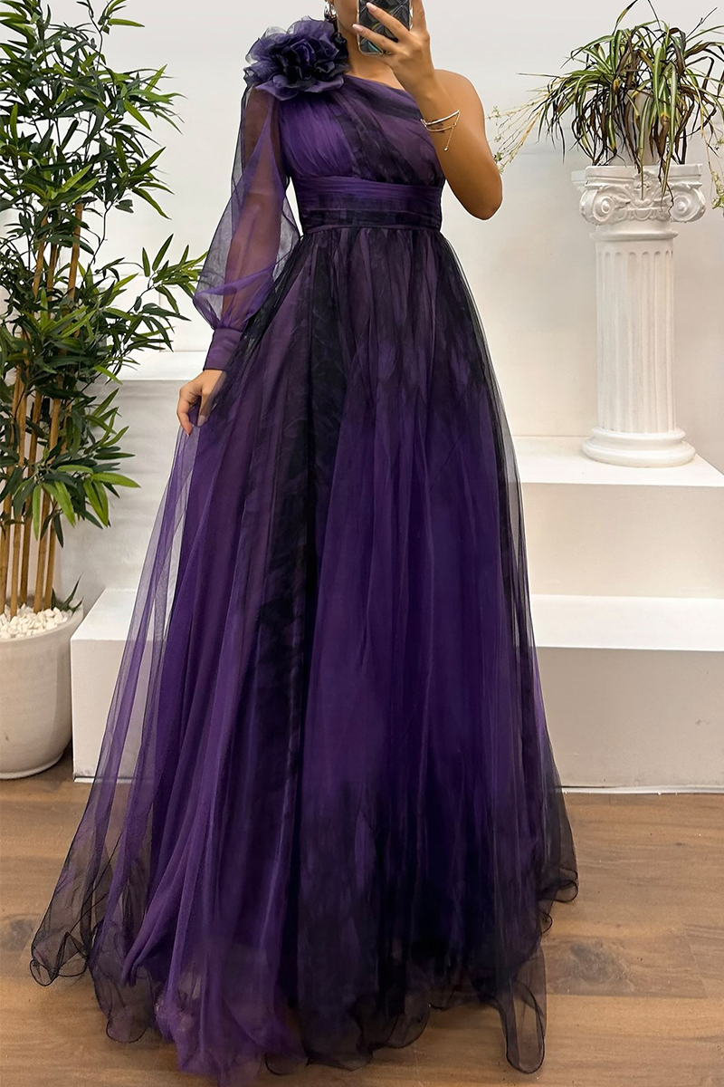 Prom Floral Print Slit Mesh Flower Shape Sloping Shoulder Evening Dresses(6 Colors)