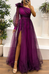 Prom Floral Print Slit Mesh Flower Shape Sloping Shoulder Evening Dresses(6 Colors)