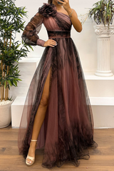 Prom Floral Print Slit Mesh Flower Shape Sloping Shoulder Evening Dresses(6 Colors)