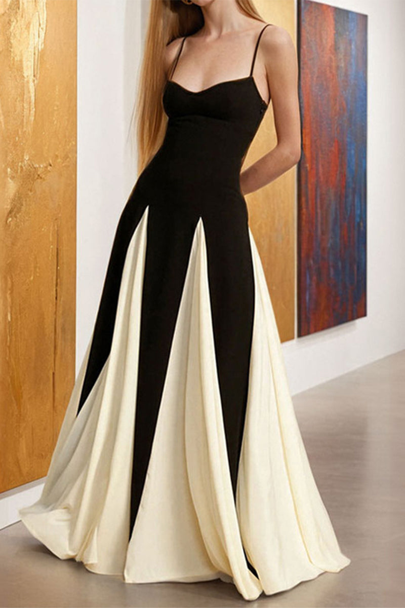 Colorblock Patchwork Backless Contrast V Neck Long Dresses