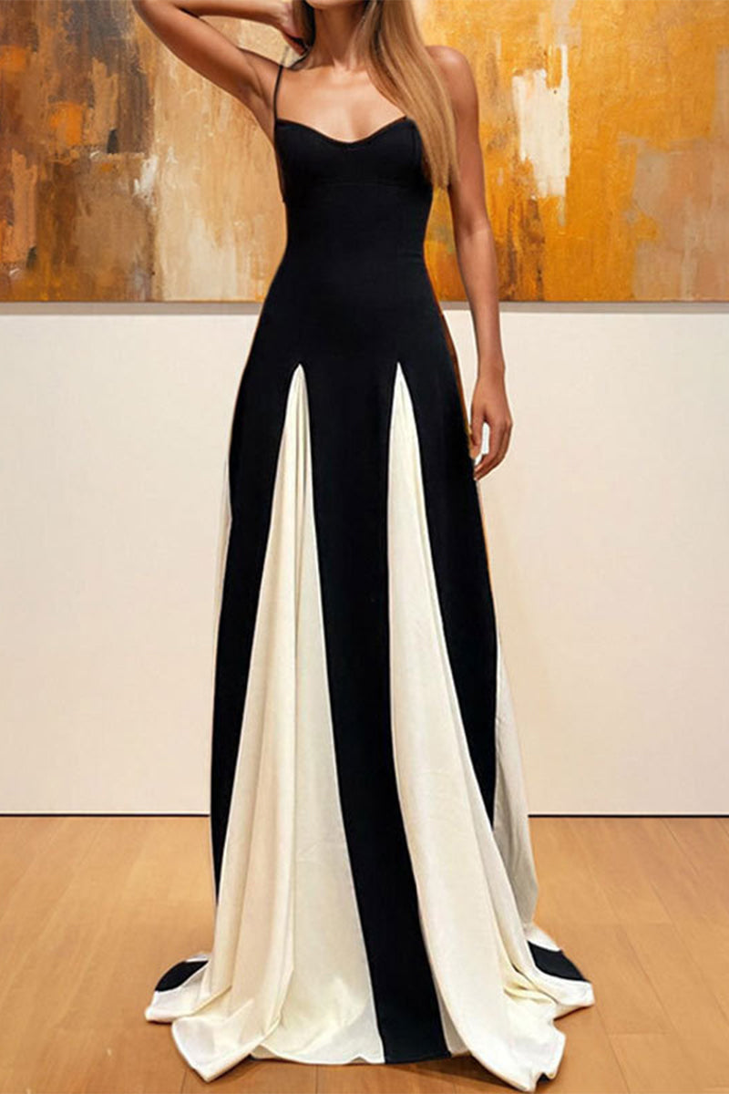 Colorblock Patchwork Backless Contrast V Neck Long Dresses