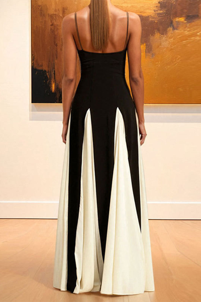 Colorblock Patchwork Backless Contrast V Neck Long Dresses