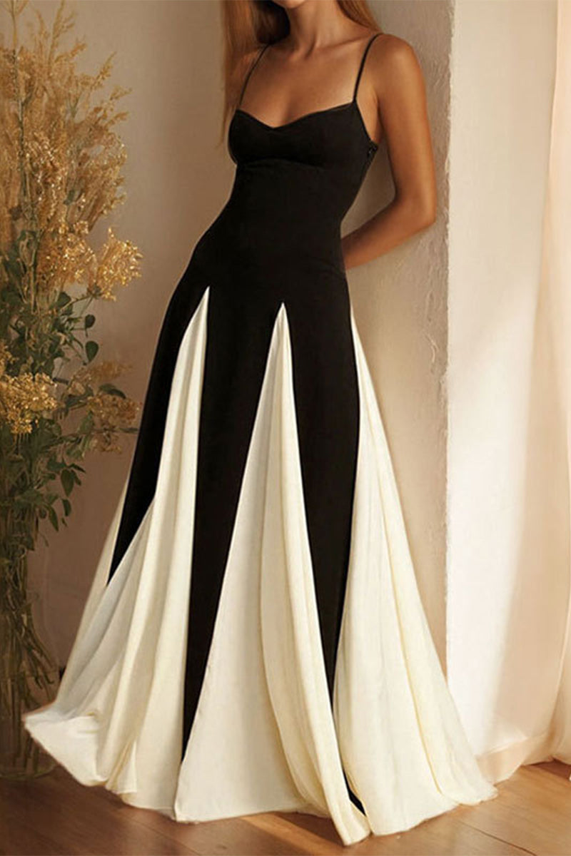 Colorblock Patchwork Backless Contrast V Neck Long Dresses