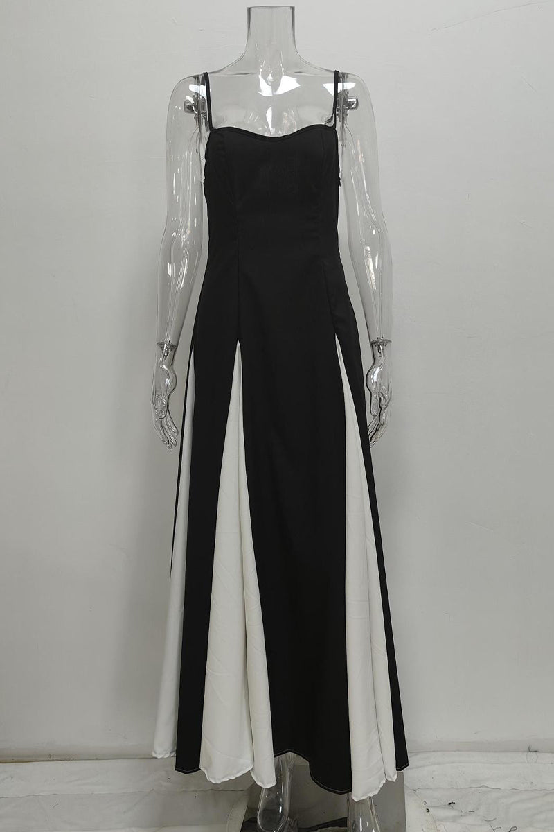 Colorblock Patchwork Backless Contrast V Neck Long Dresses