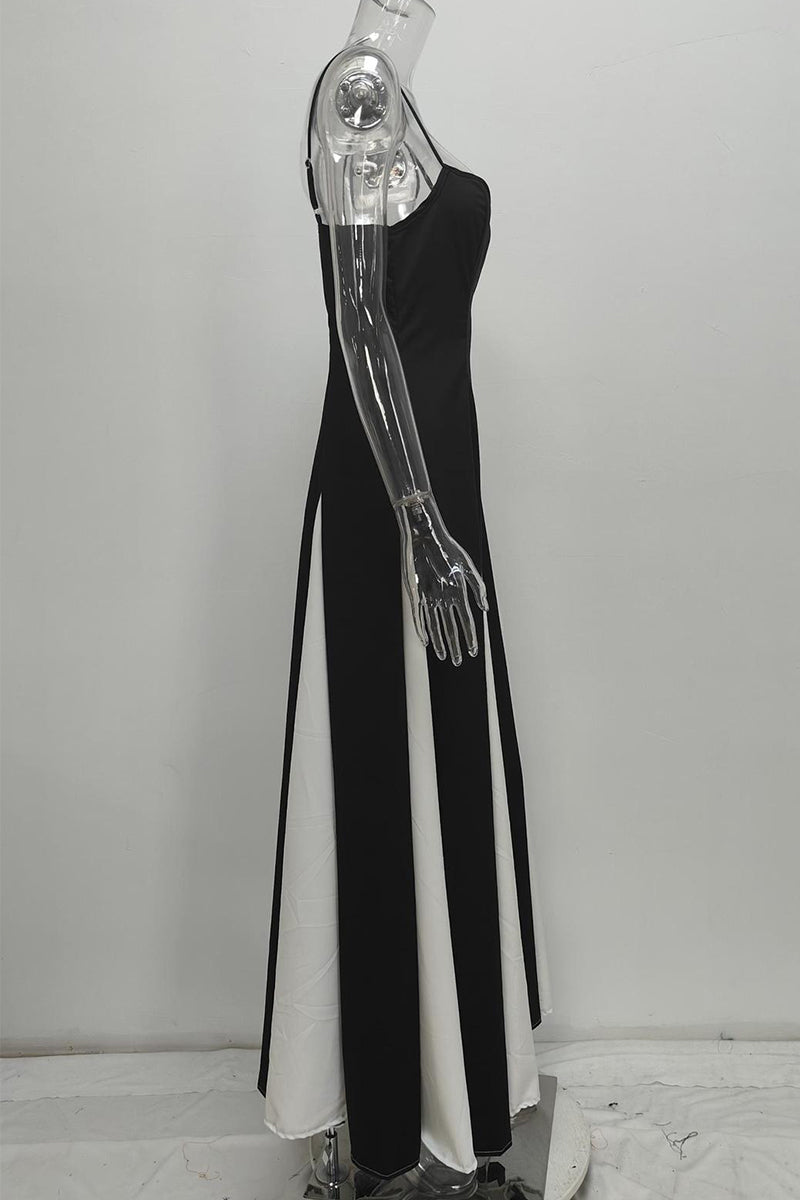 Colorblock Patchwork Backless Contrast V Neck Long Dresses