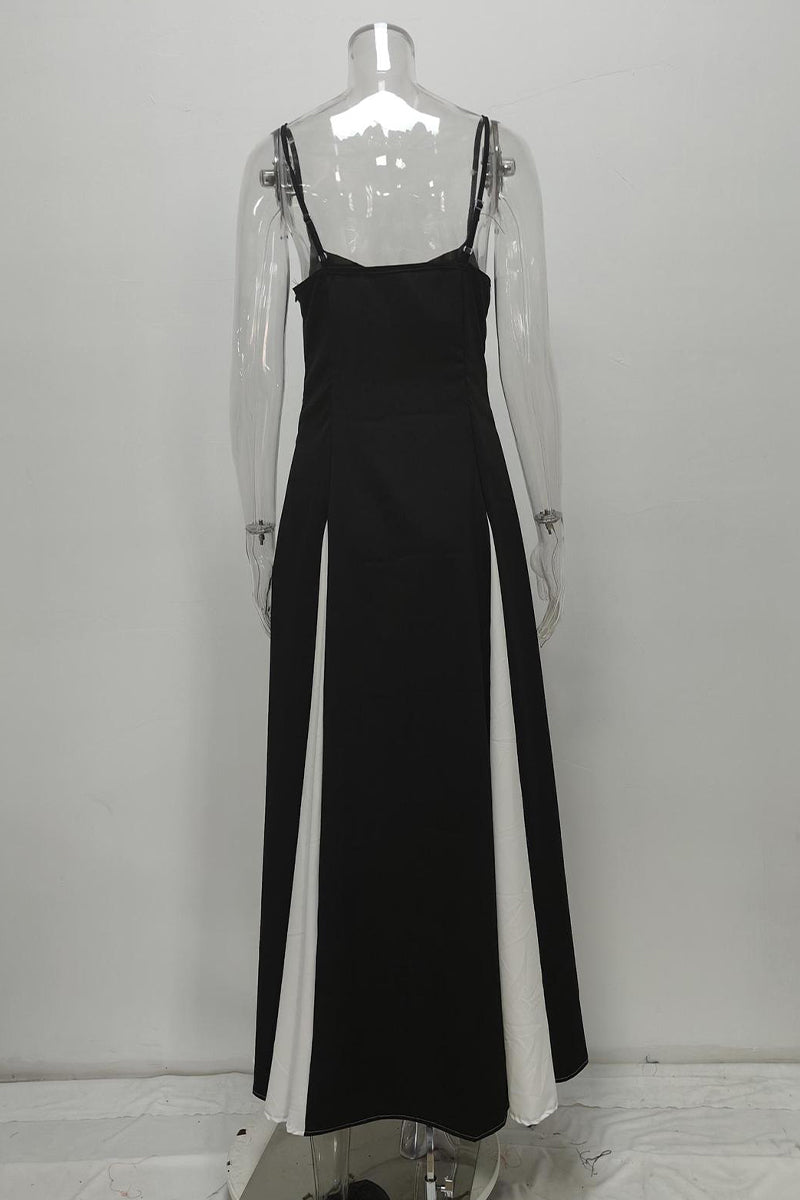 Colorblock Patchwork Backless Contrast V Neck Long Dresses