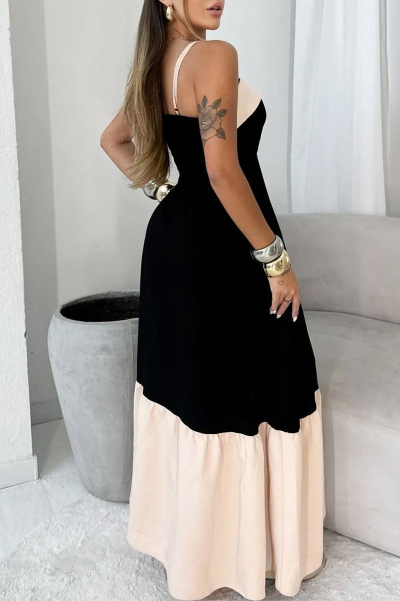 Patchwork Backless Contrast Square Neck Sling Dresses