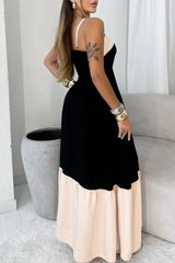 Patchwork Backless Contrast Square Neck Sling Dresses
