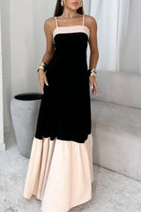 Patchwork Backless Contrast Square Neck Sling Dresses
